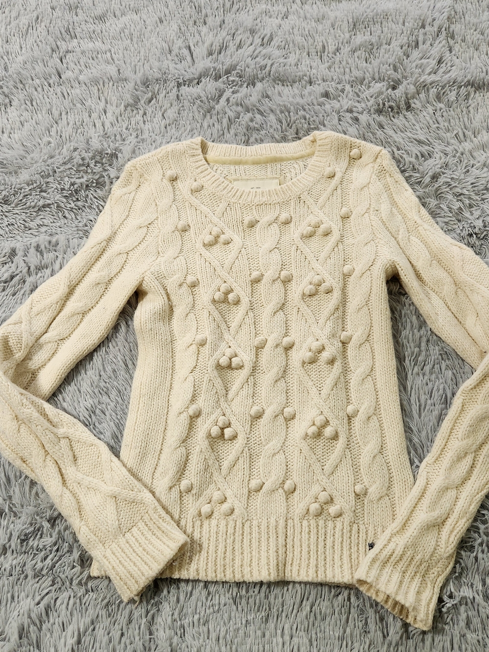 Abercrombie & Fitch Cream Crewneck Cable Knit Sweater with Pom Embellishments